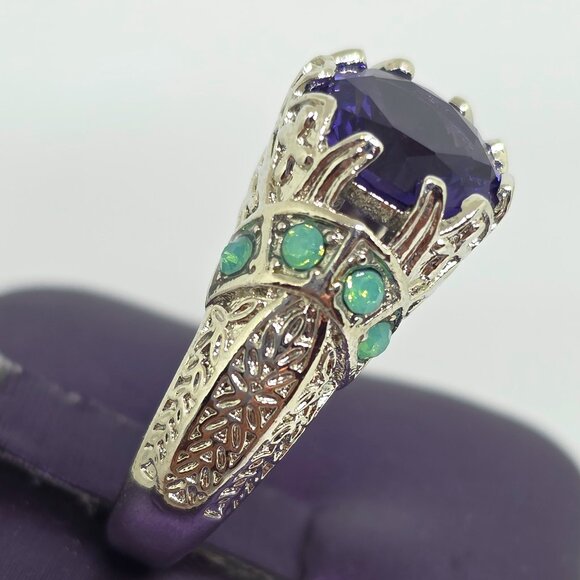 Faux Purple Amethyst Green Opal Filigree Silver Cocktail Ring Marked 925 SZ 7.25 - Picture 9 of 13